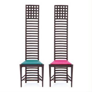 Miniature Hill House Chair, a set of two chairs in blue and pink, designed by Charles Rennie Mackintosh.